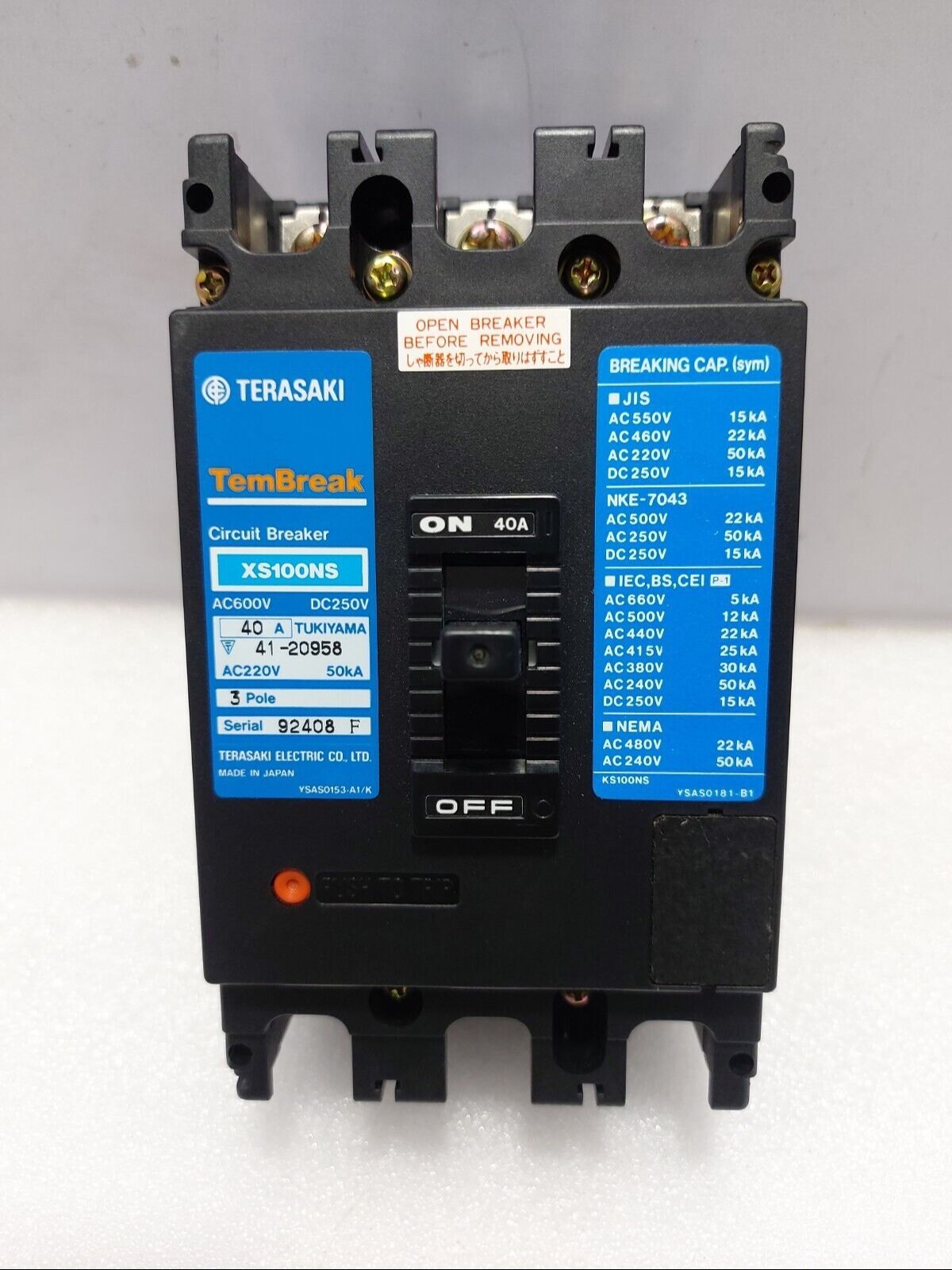 3 Pole Circuit Breaker Xs100Ns 100A | Terasaki Main image