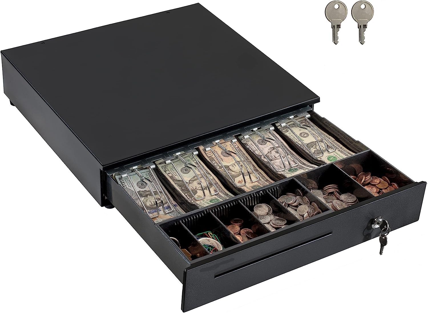 Cash Drawer Pk-27-d-bx with multiple compartments for bills and coins, includes locking mechanism and keys