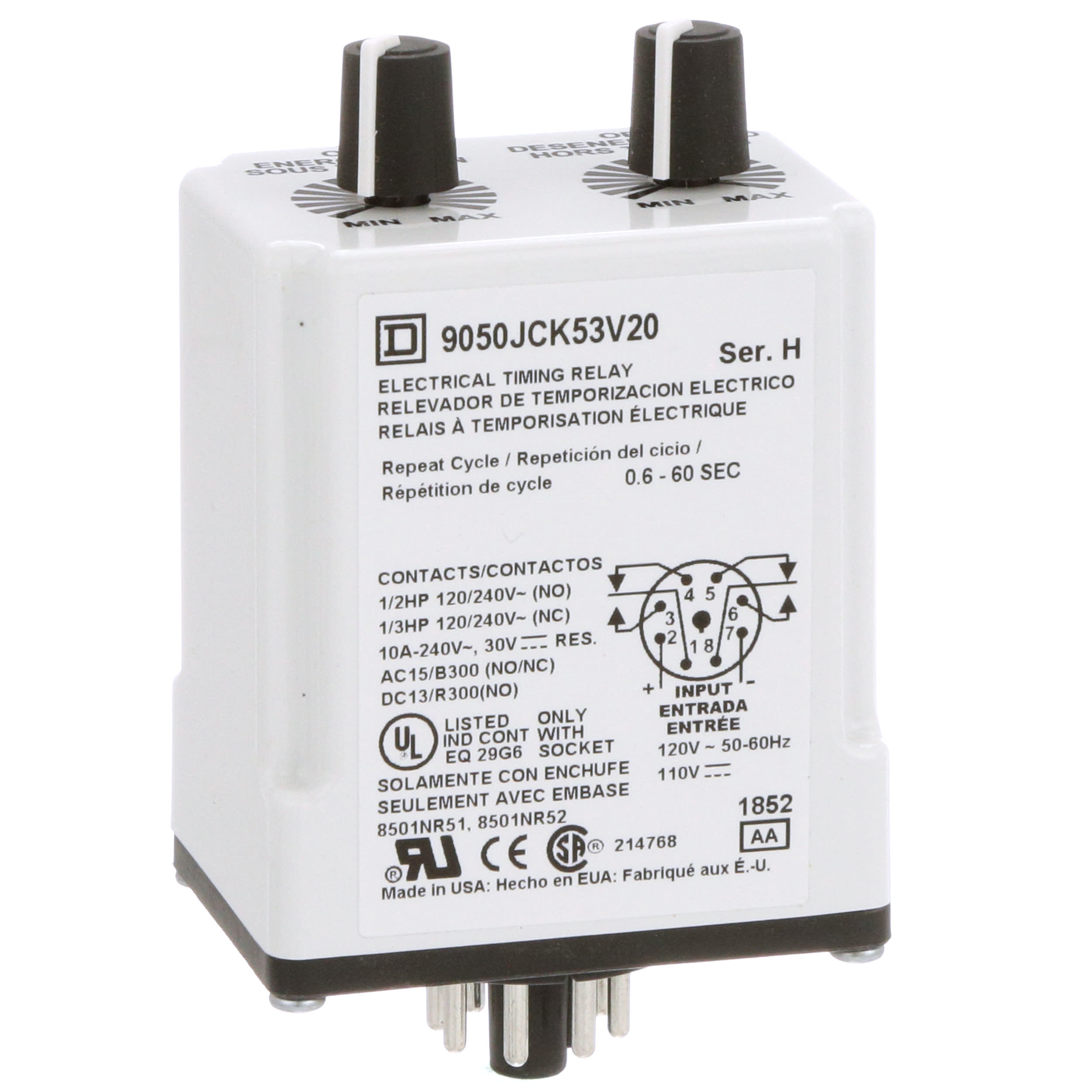 Electrical Timing Relay 0.6-60 Sec | Square D 9050 Jck53V20