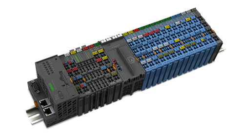 WAGO I O-System IP20 modular with various input and output modules arranged in a compact design